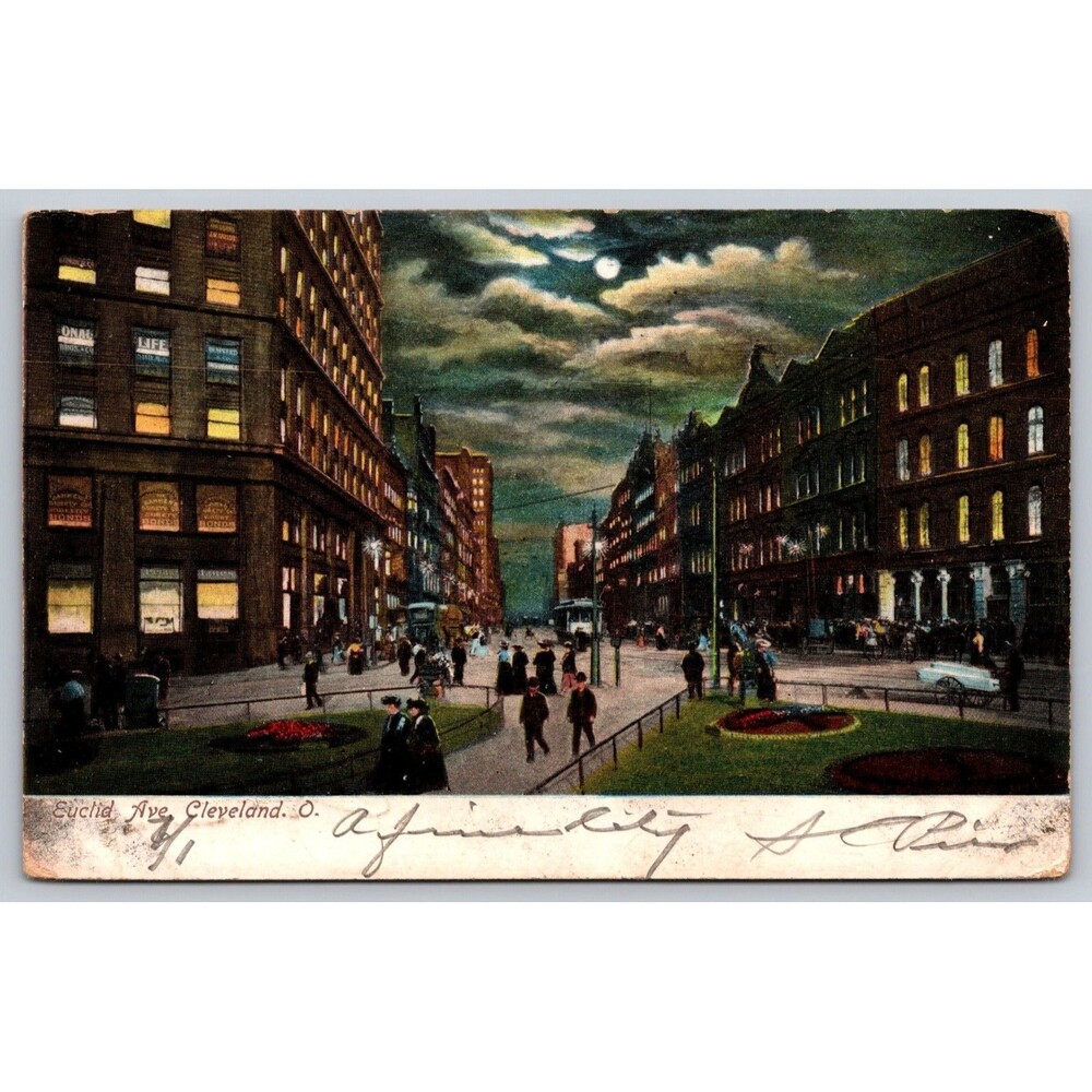 Postcard Ohio Cleveland Euclid Avenue At Night Full Moon Posted 1907 Stamp UDB